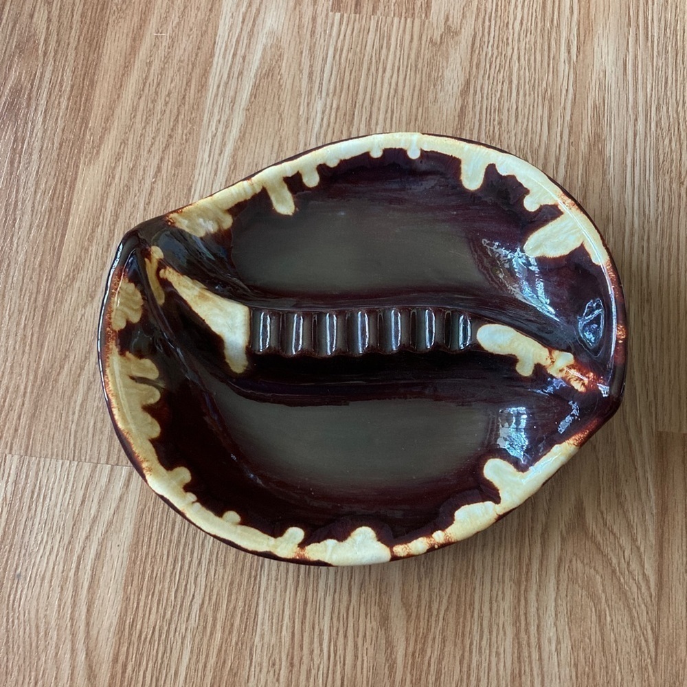 REDUCED PRICE Vintage ceramic ashtray circa 1973.  Dark brown and off-white.